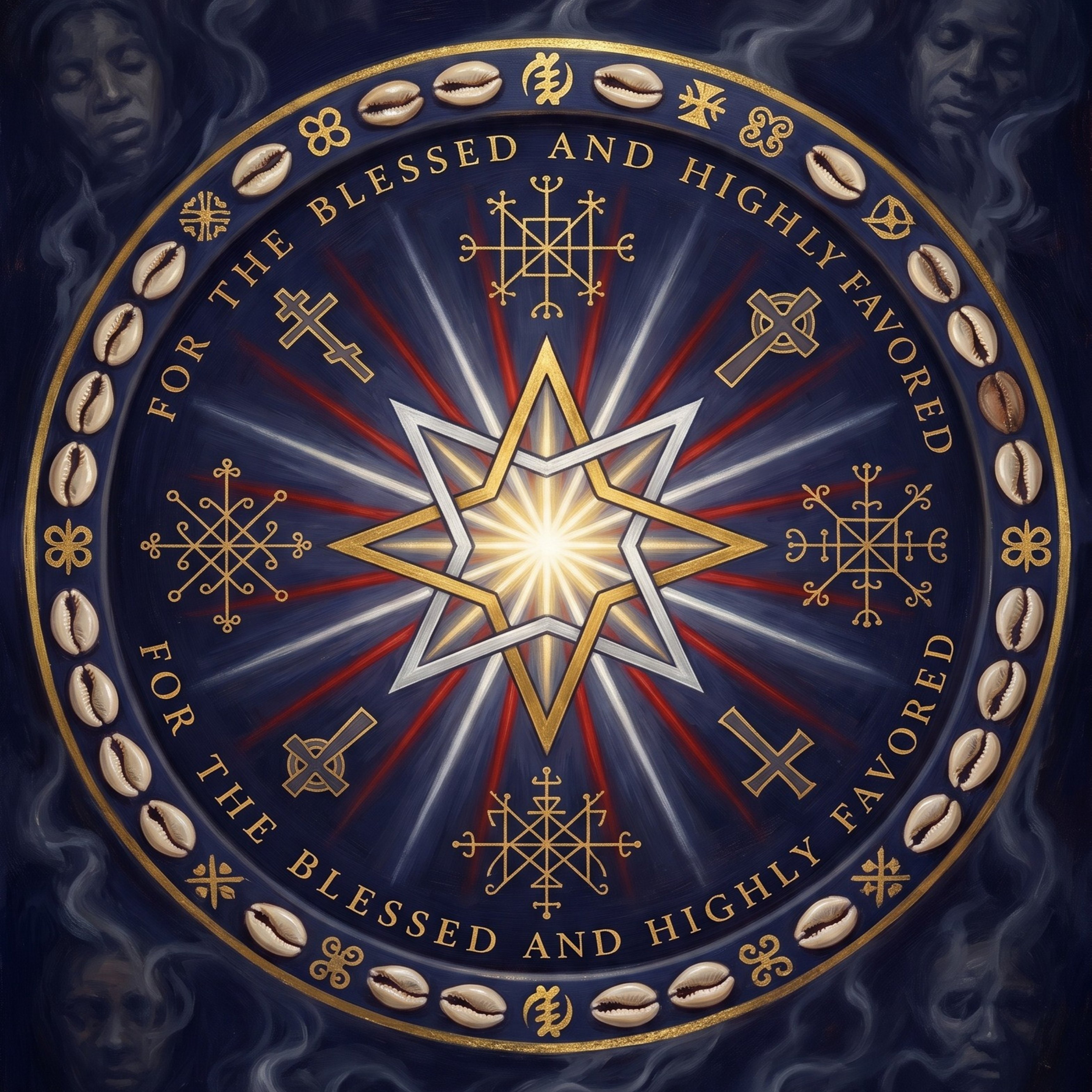 Ashe Alma Tarot Mat — full mandala design with cowrie shells, vévés and ancestral faces