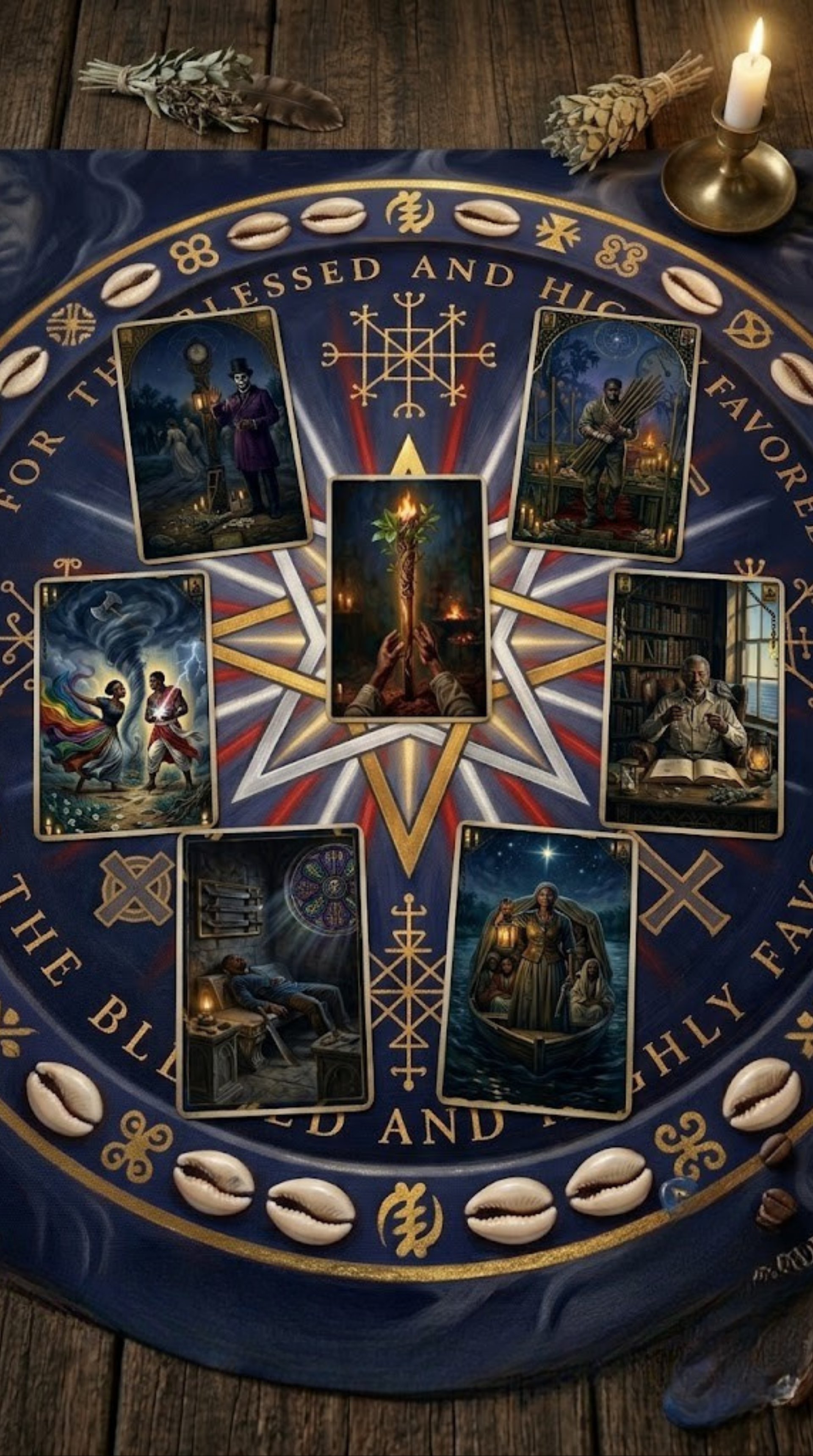 Ashe Alma Tarot Reading Mat — cards laid out on the mandala reading surface